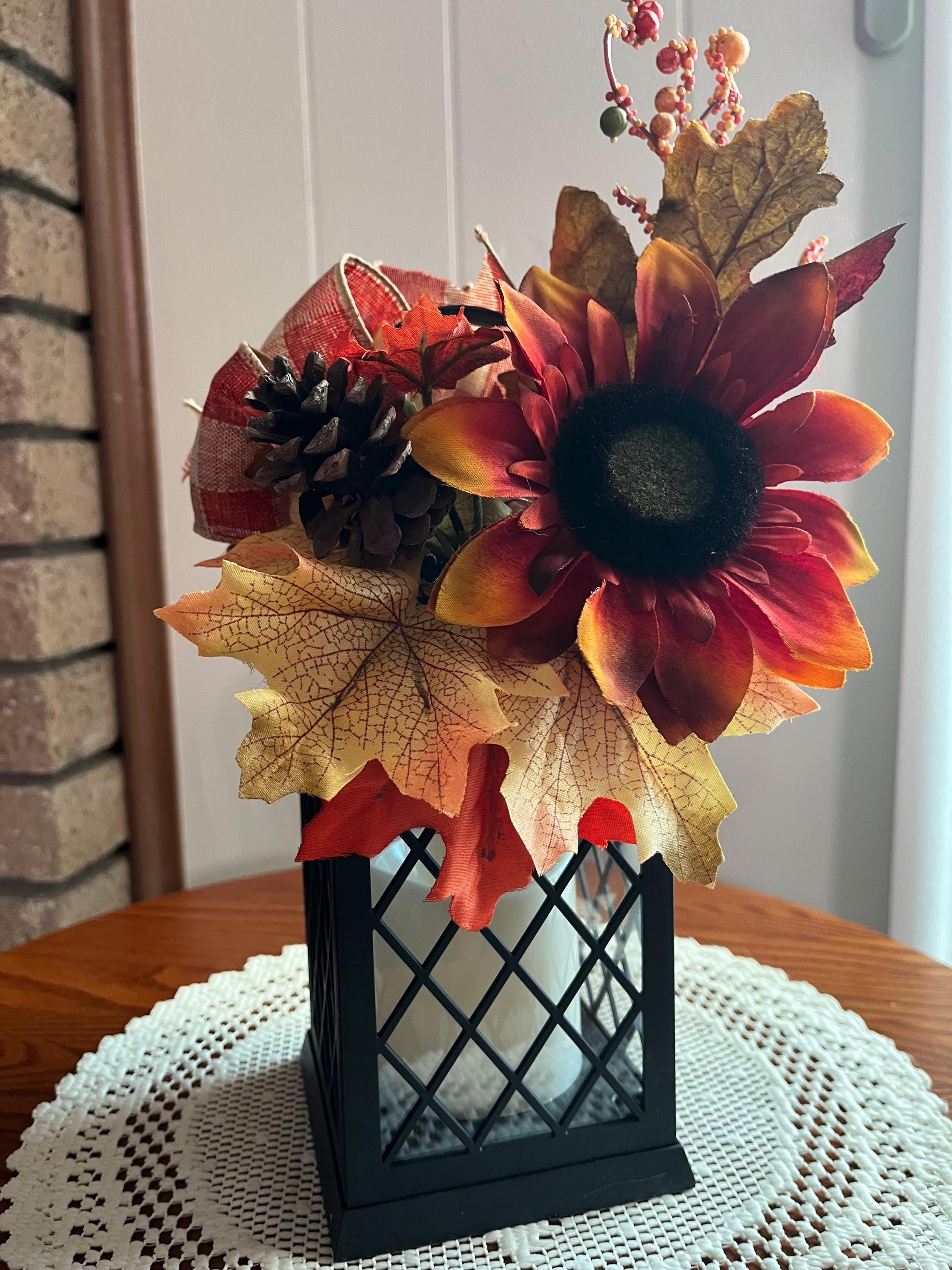 Fall Decorated Lantern: Faux Sunflower, Pine Cone, Flickering Light