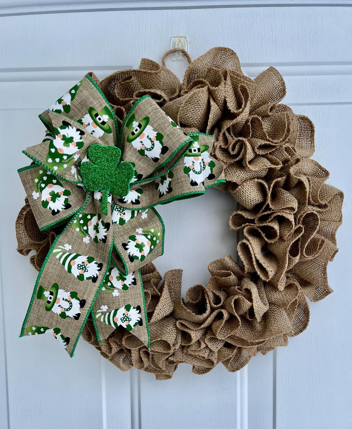 Handmade St. Patrick's Day Burlap Wreath – Natural Jute, Leprechaun Bow & Shamrock Door Décor