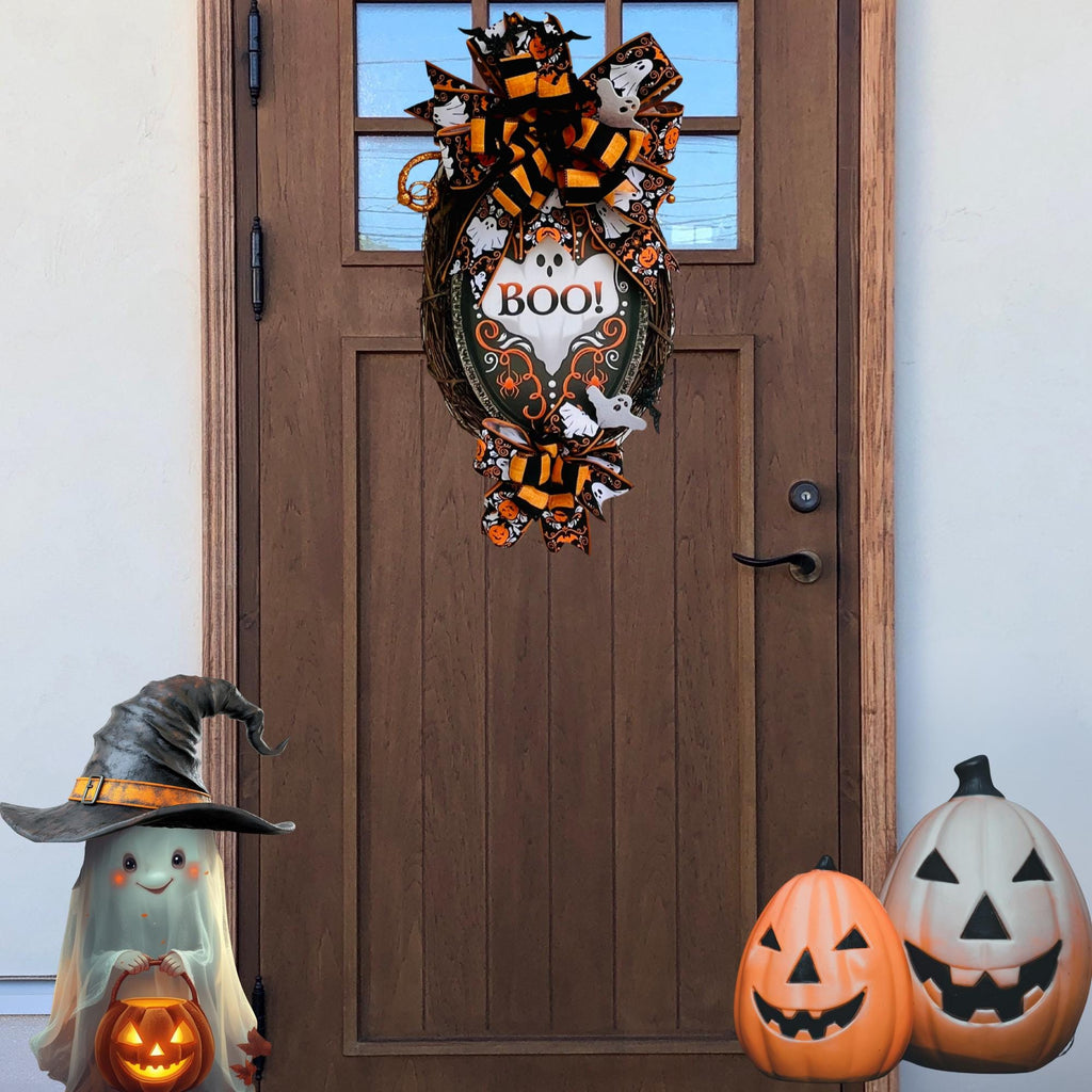 Handmade Halloween Grapevine Wreath – BOO Ghost Sign, Orange & Black Bats, Front Door Decor