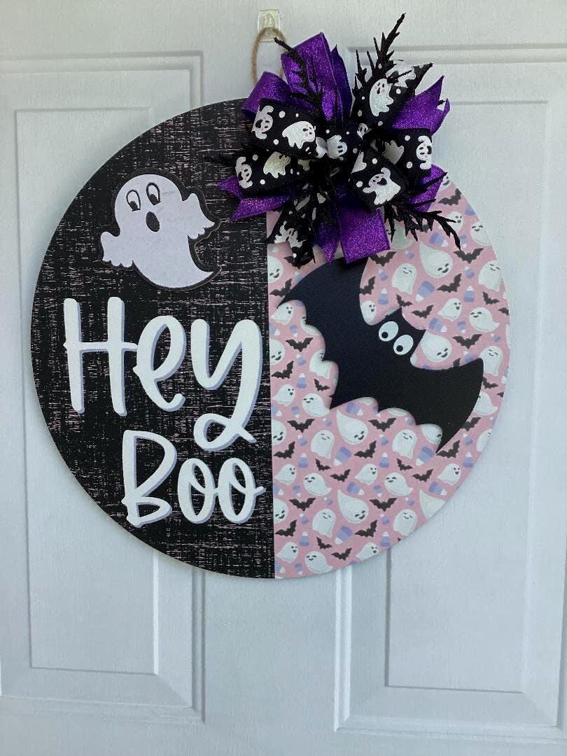 Handmade Halloween Wood Door Hanger – Hey Boo Ghost & Bat Birch Plywood Sign with Bow