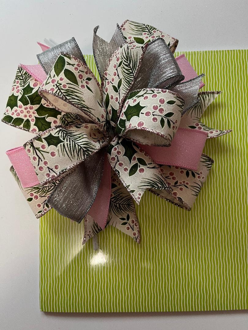 Handmade Pink & Silver Christmas Bow – Wreath, Lantern Topper & Gift Decoration