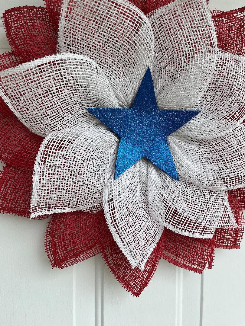 Patriotic Burlap Wreath: Red, White & Blue Star - 20 Inch