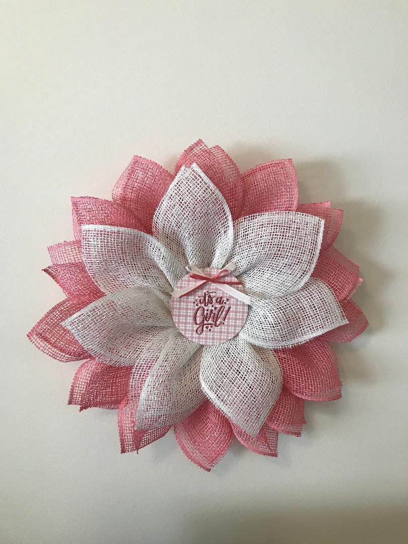 Baby Girl Announcement Wreath: Pink & White Burlap Flower, Nursery Decor