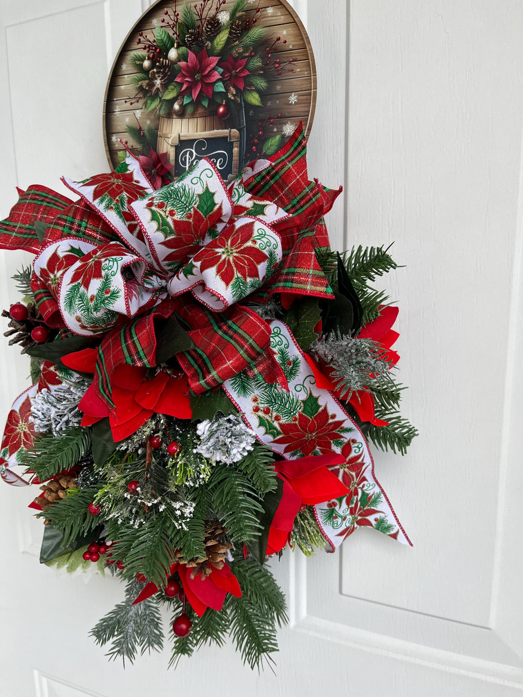 Christmas Door Swag – Poinsettia Arrangement & "Peace" Sign