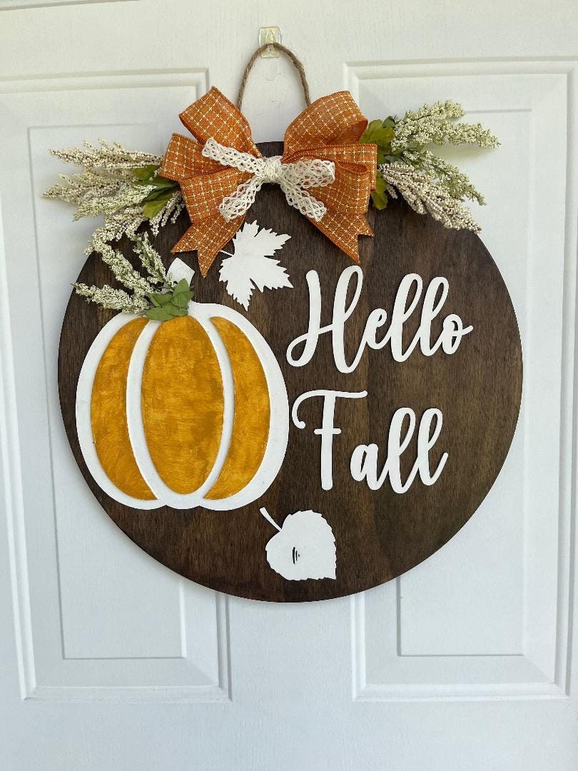 Fall door wood sign: Pumpkin & Leaves Decor, Hello Fall