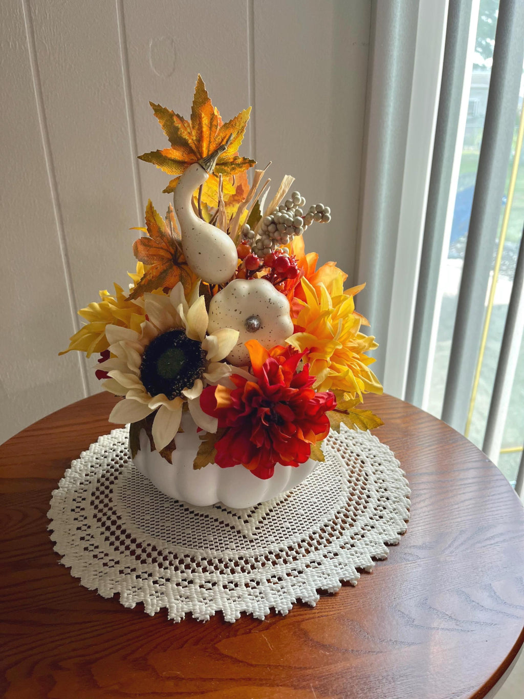 Handmade Fall Floral Centerpiece – Faux Flower & Pumpkin Decor, 28 Inch Orange & Yellow, Autumn Table or Mantel Display