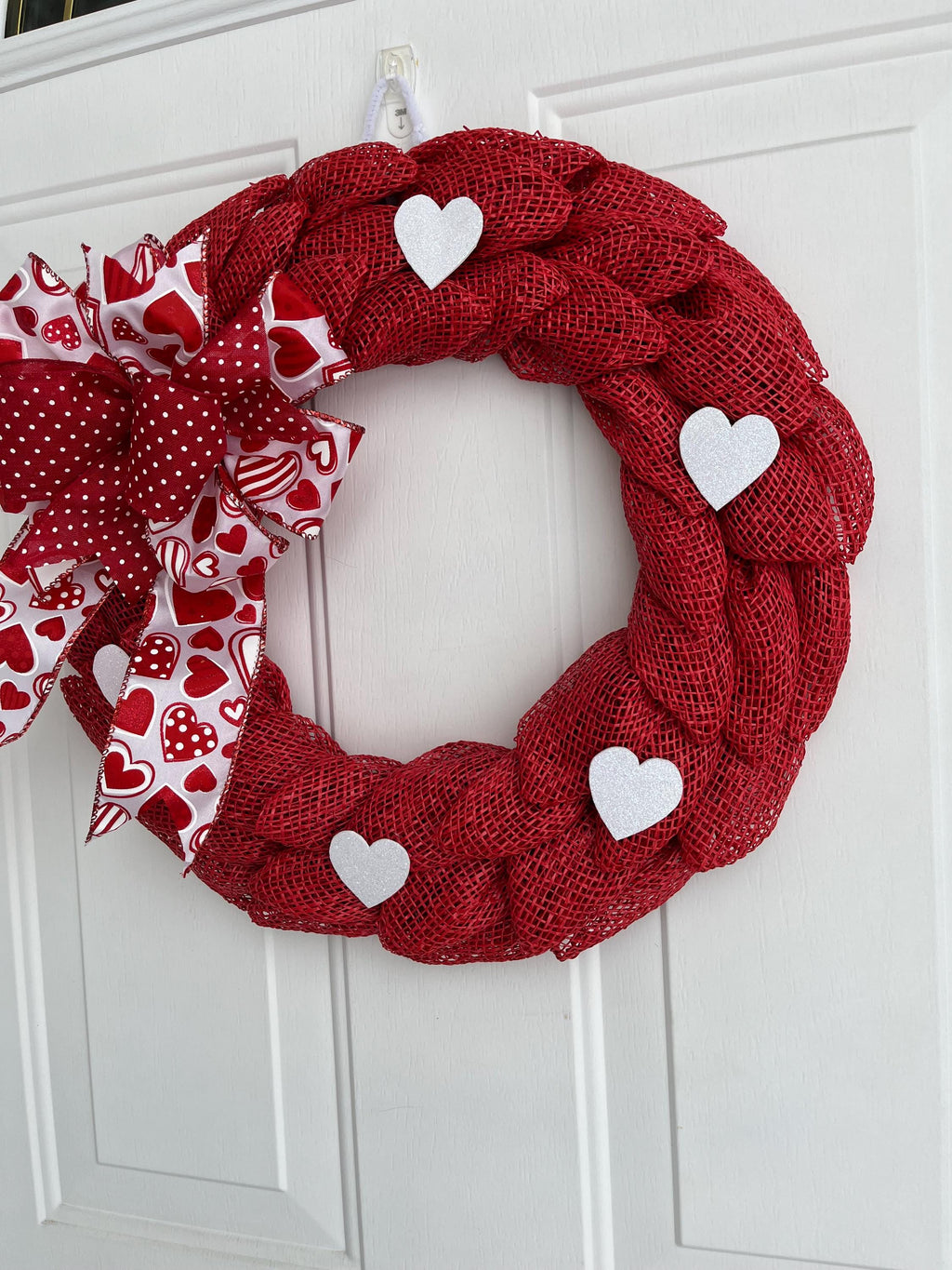 Valentine's Day Wreath – Red & White Petal Wreath with Glittery Hearts & Bow