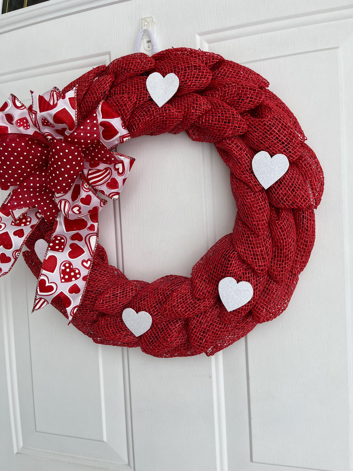 Valentine's Day Wreath – Red & White Petal Wreath with Glittery Hearts & Bow