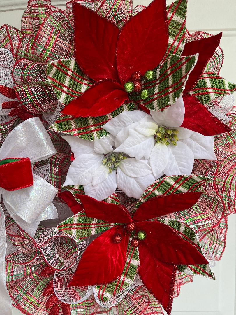Christmas Poinsettia Wreath – Red, Green & White Mesh Holiday Door Décor