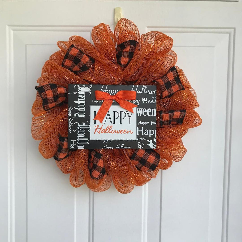 Halloween Mesh Door Wreath, Orange & Black Buffalo Ribbon, Happy Halloween Sign