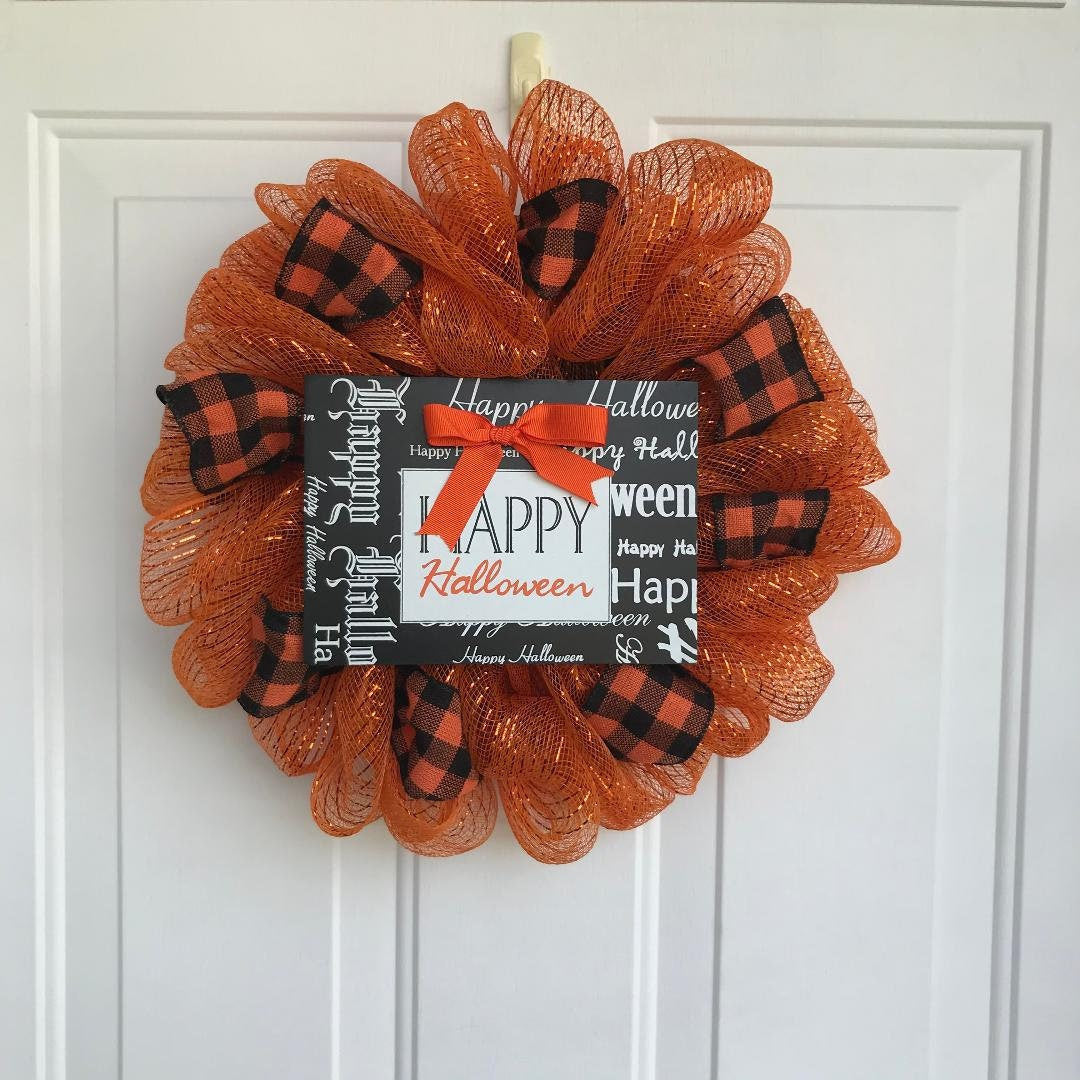 Halloween Mesh Door Wreath, Orange & Black Buffalo Ribbon, Happy Halloween Sign