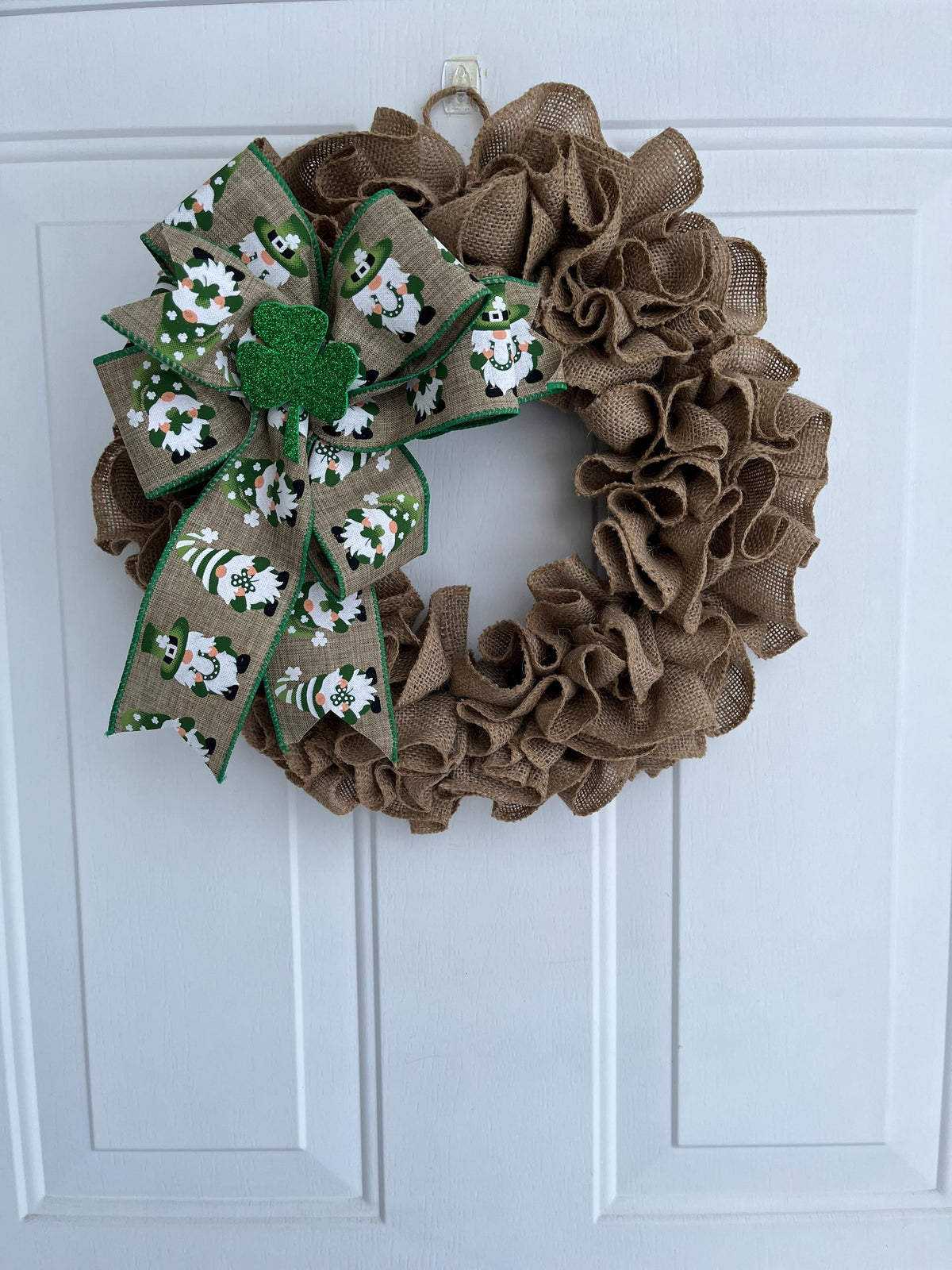 Handmade St. Patrick's Day Burlap Wreath – Natural Jute, Leprechaun Bow & Shamrock Door Décor