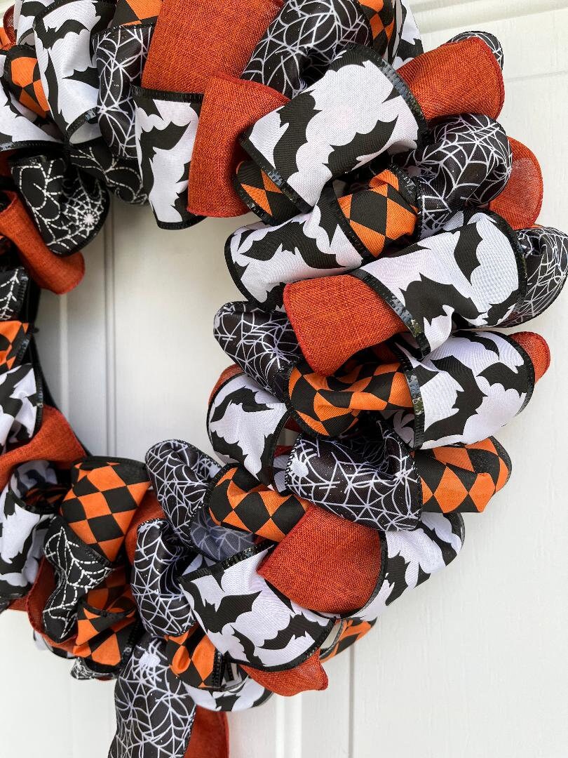 Handmade Halloween Ribbon Wreath – Orange, Black & White Wired Ribbon Front Door Décor