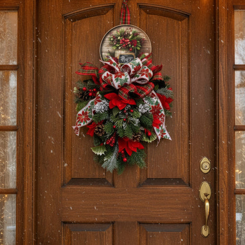 Christmas Door Swag – Poinsettia Arrangement & "Peace" Sign